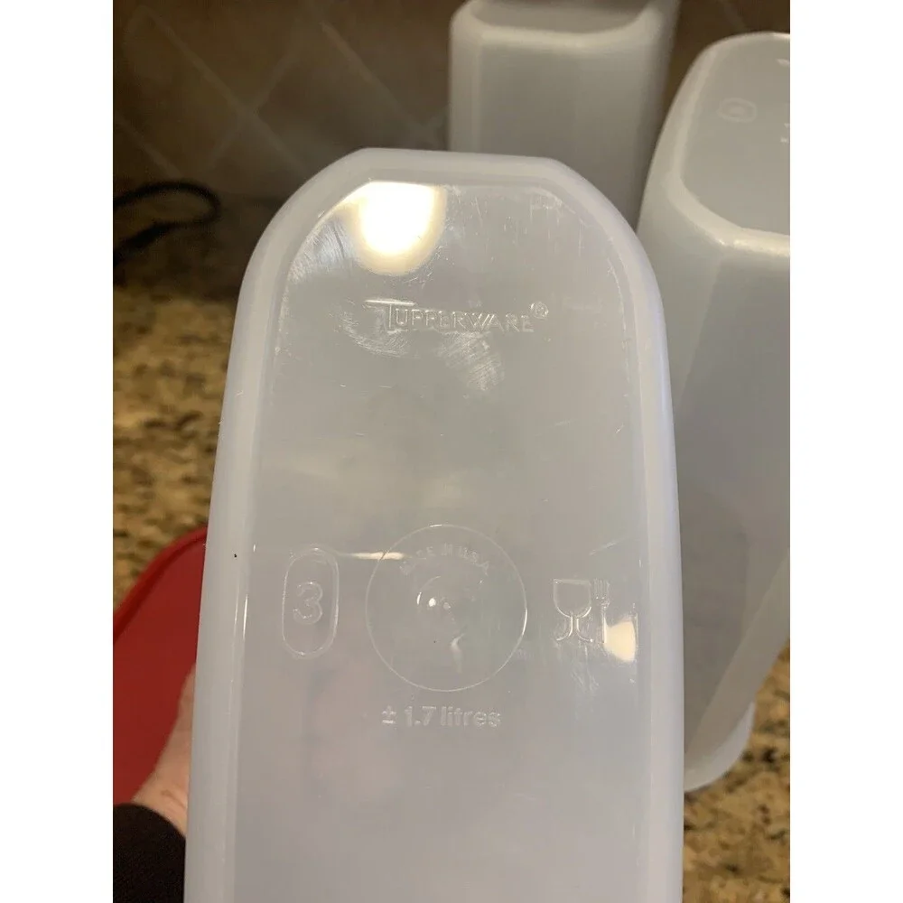 3 Tupperware Oval Modular Mates  (2) 1614, (1) 1613 Red Lids & 2 Rocker Scoops